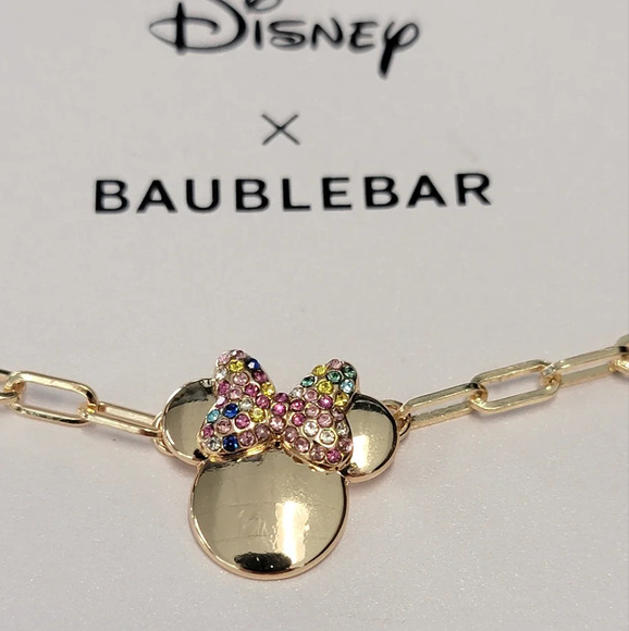 Disney x Baublebar Minnie Mouse Gold Necklace With Multicolor Crystal Bow NWT - Picture 2 of 3